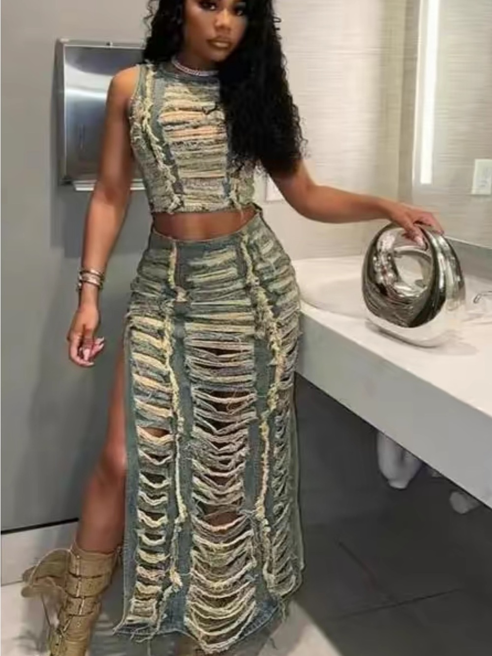 Distressed Two-Piece Maxi Skirt Set in Green